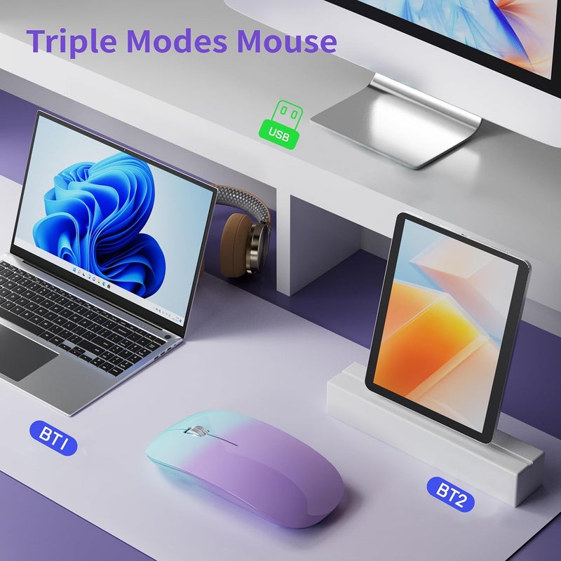 TENMOS M18 Bluetooth Mouse, USB C Rechargeable Wireless Mouse, Triple Mode (Dual Bluetooth+USB) Silent Mice Portable with USB Receiver and Type C Adapter for Laptop/MacBook/iPad - Green and Purple - Image 3